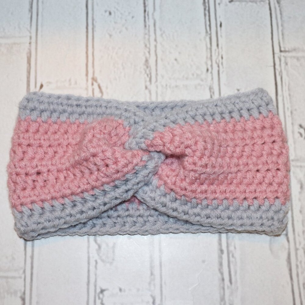 💗 Handmade Crochet Headband – Pink & Gray Edition – OS